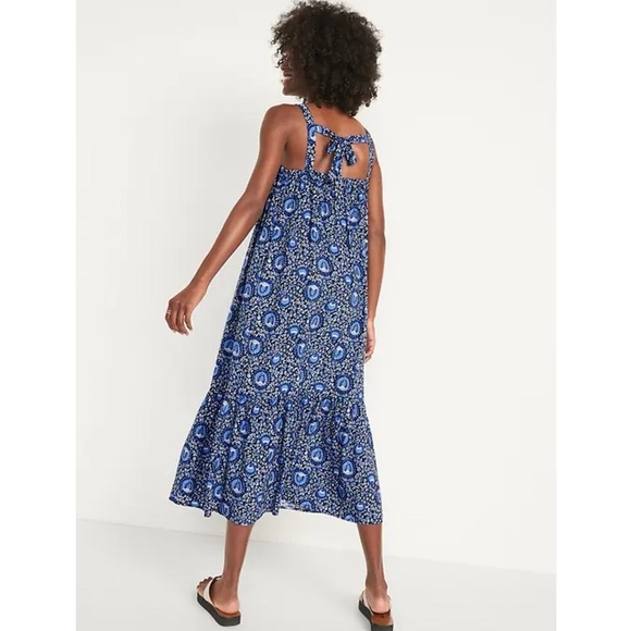 Old Navy Sleeveless Tie-Back Cutout Maxi Swing Dress Dark Sea Blue Print - Picture 10 of 14